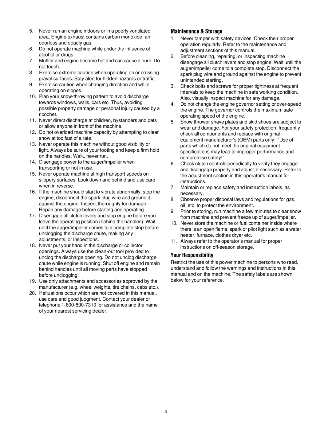 MTD 31AE993I401 manual Maintenance & Storage, Your Responsibility 