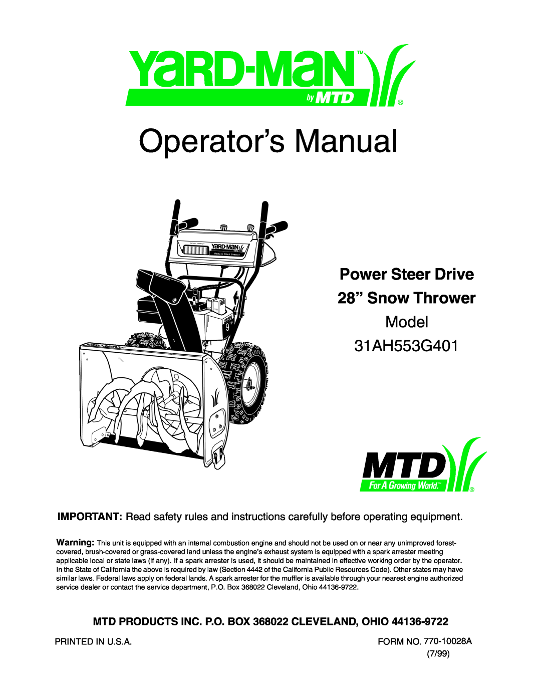 MTD manual Model 31AH553G401, Operator’s Manual, Power Steer Drive 28” Snow Thrower 