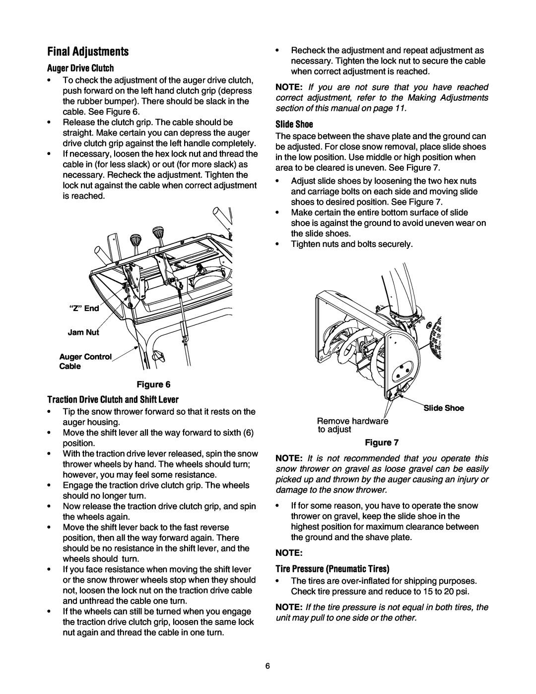 MTD 31AH553G401 manual Final Adjustments, Auger Drive Clutch, Traction Drive Clutch and Shift Lever, Slide Shoe 