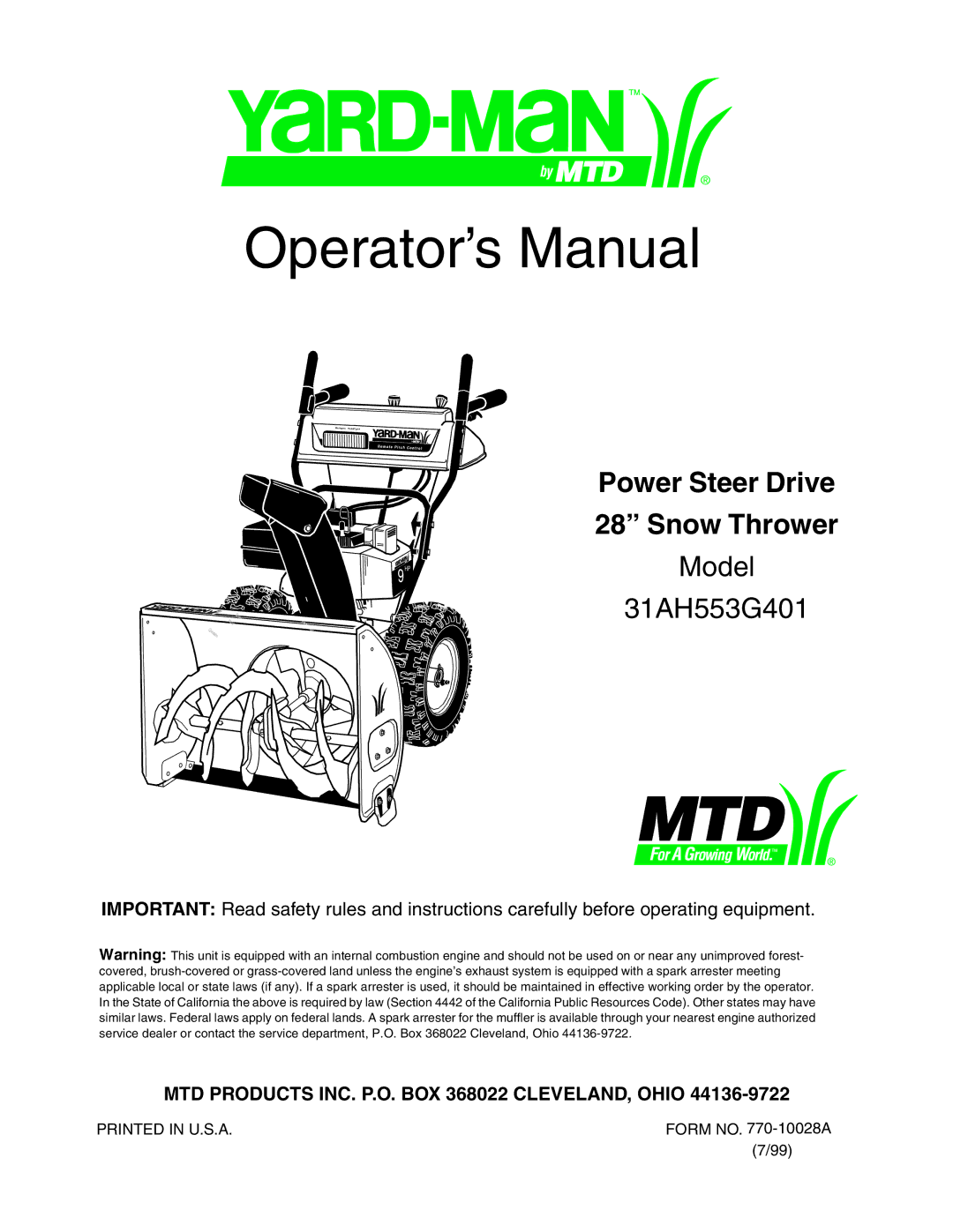 MTD 31AH553G401 manual Operator’s Manual 