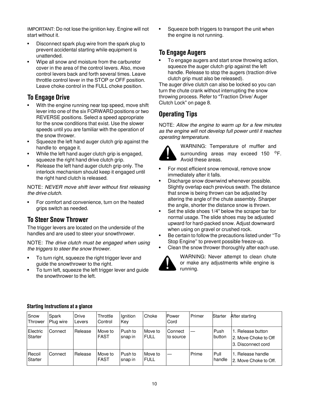 MTD 31AH553G401 manual To Engage Drive, To Steer Snow Thrower, To Engage Augers, Operating Tips 