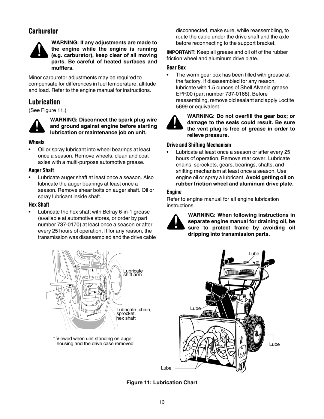 MTD 31AH553G401 manual Carburetor, Lubrication 