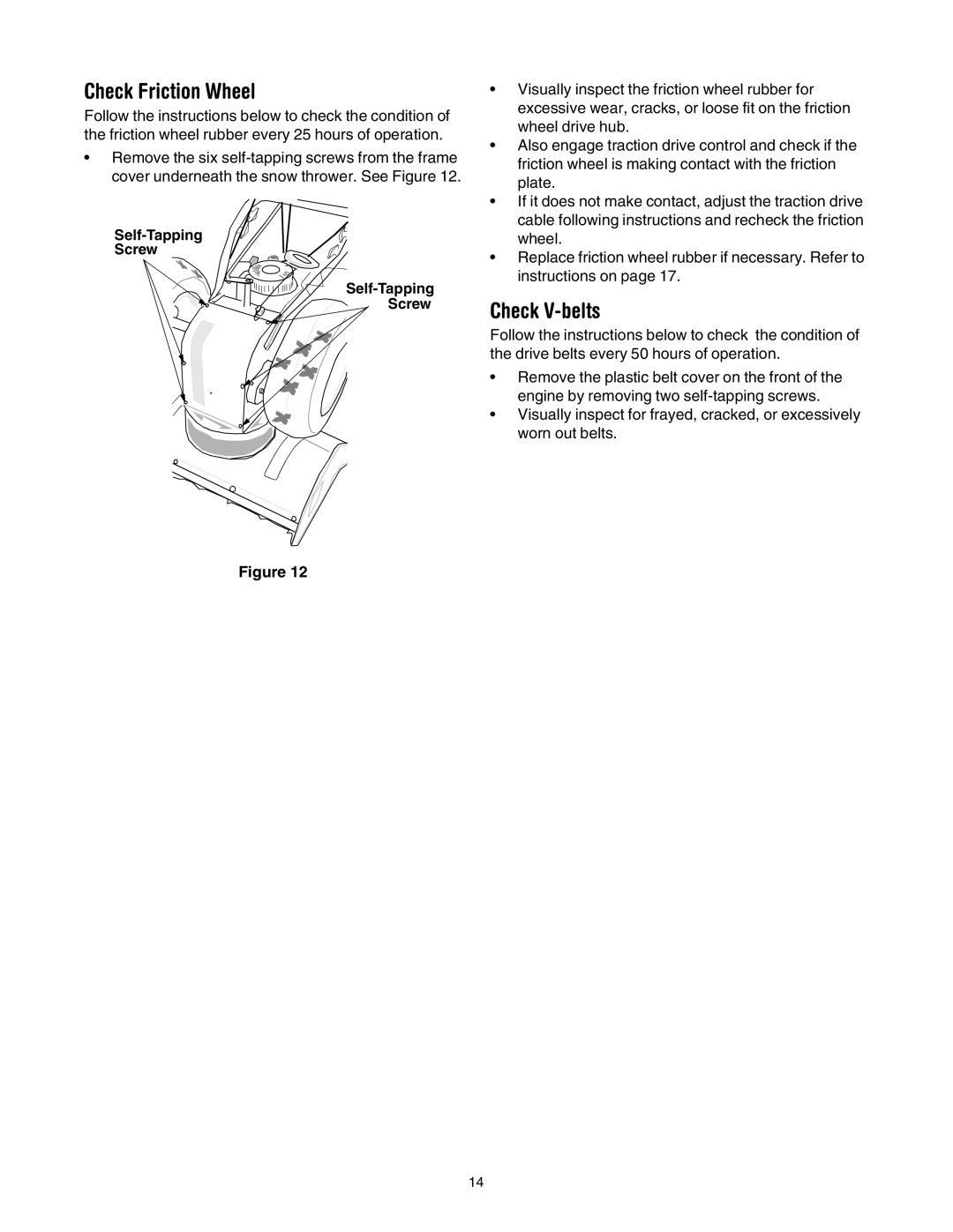 MTD 31AH553G401 manual Check Friction Wheel, Check V-belts, Self-Tapping Screw 