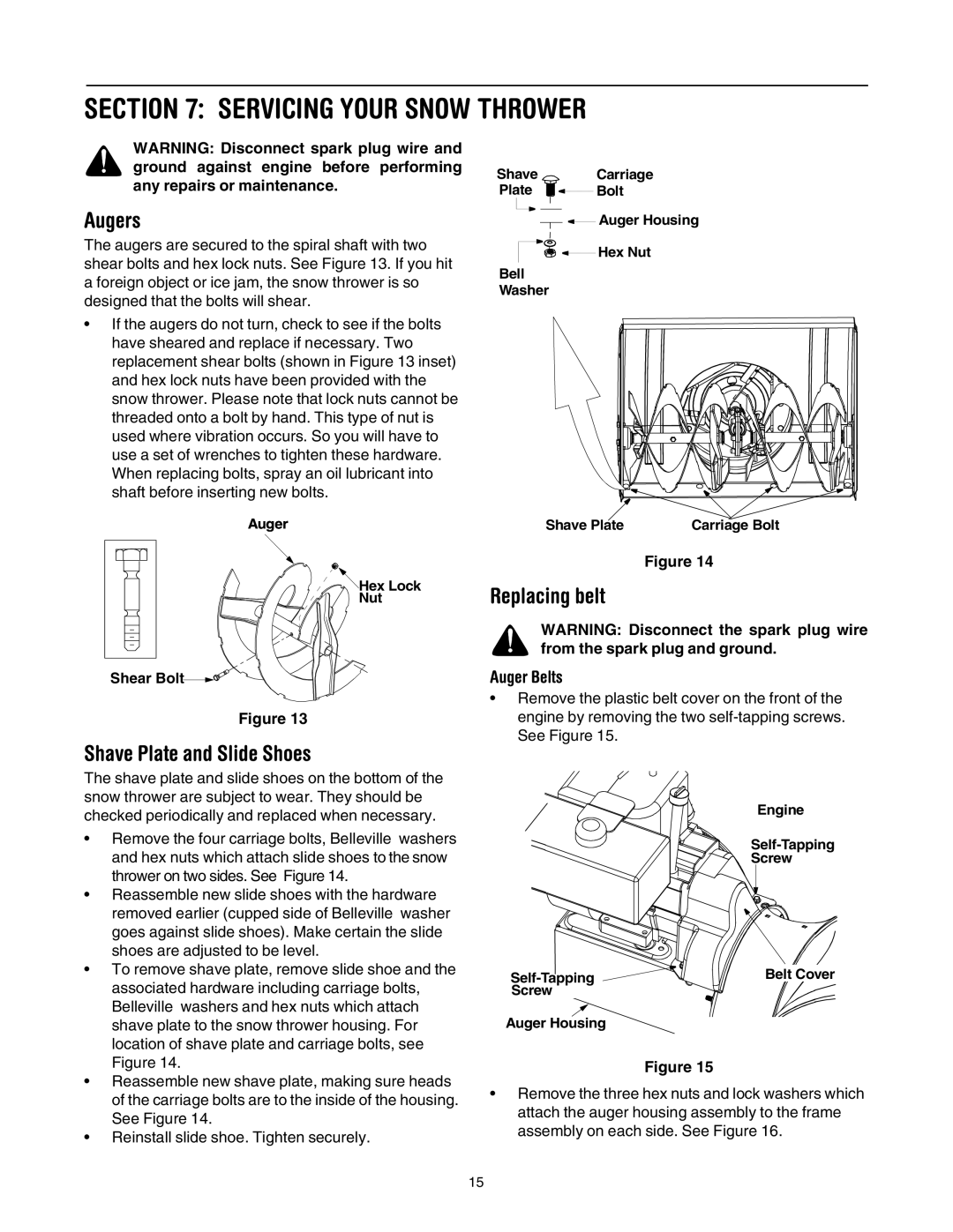 MTD 31AH553G401 manual Servicing Your Snow Thrower, Augers, Replacing belt, Shave Plate and Slide Shoes, Auger Belts 