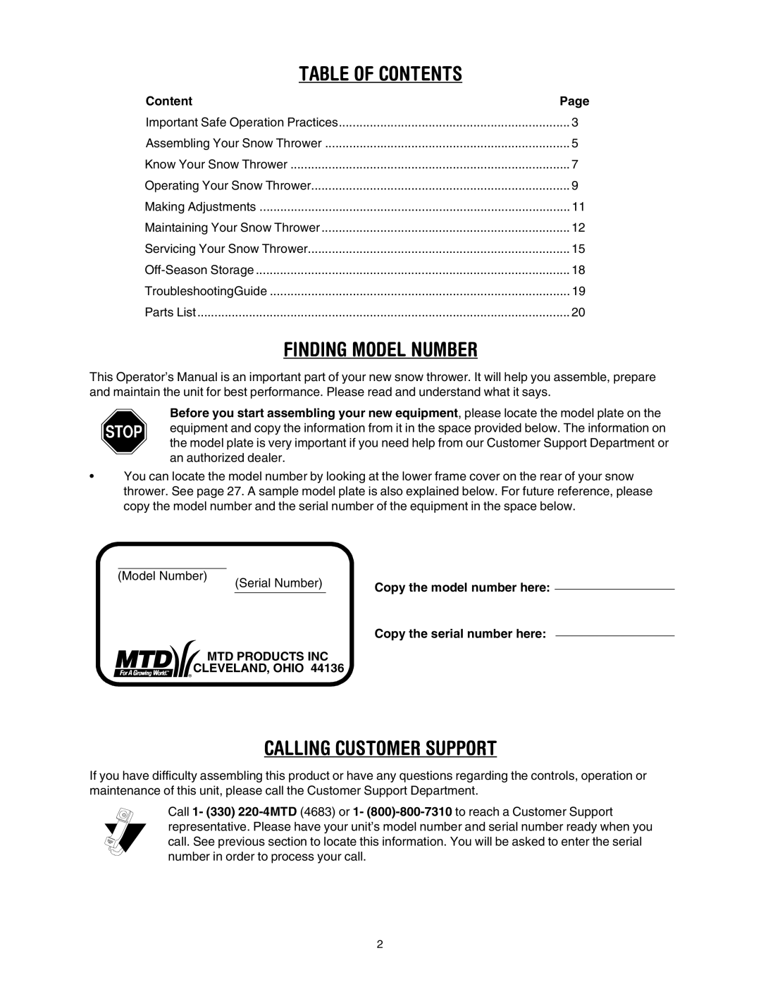 MTD 31AH553G401 manual Table of Contents 