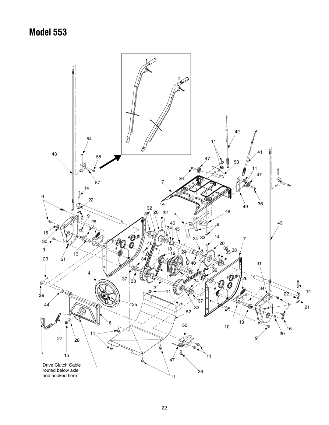 MTD 31AH553G401 manual Drive Clutch Cable Routed below axle Hooked here 