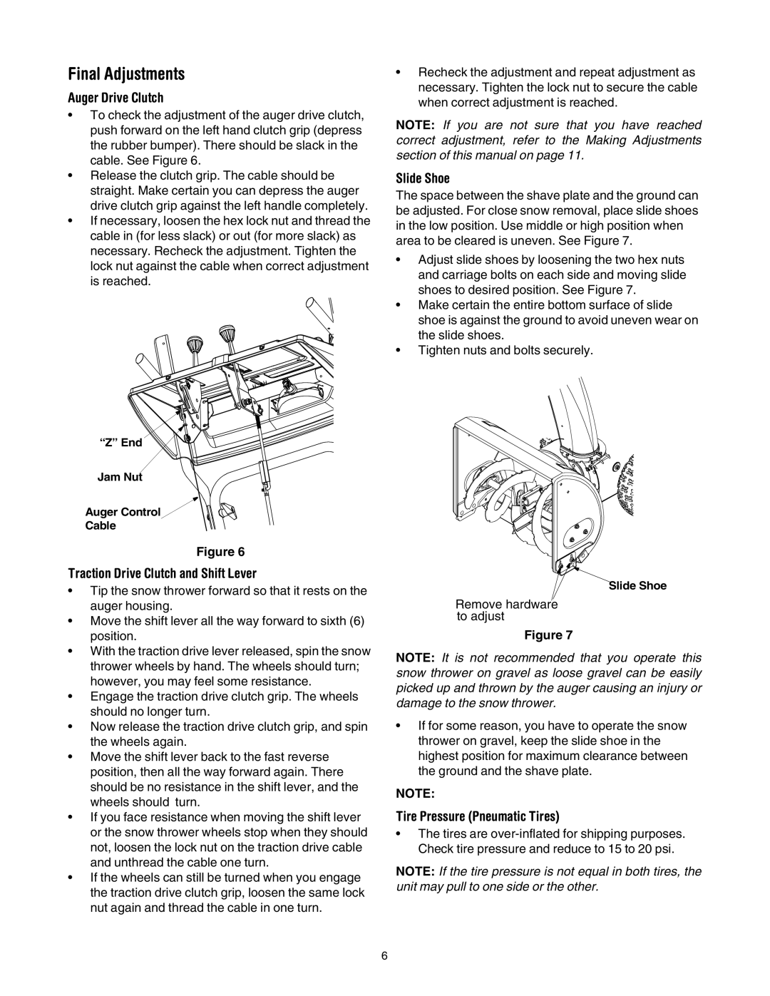 MTD 31AH553G401 manual Final Adjustments, Auger Drive Clutch, Traction Drive Clutch and Shift Lever, Slide Shoe 