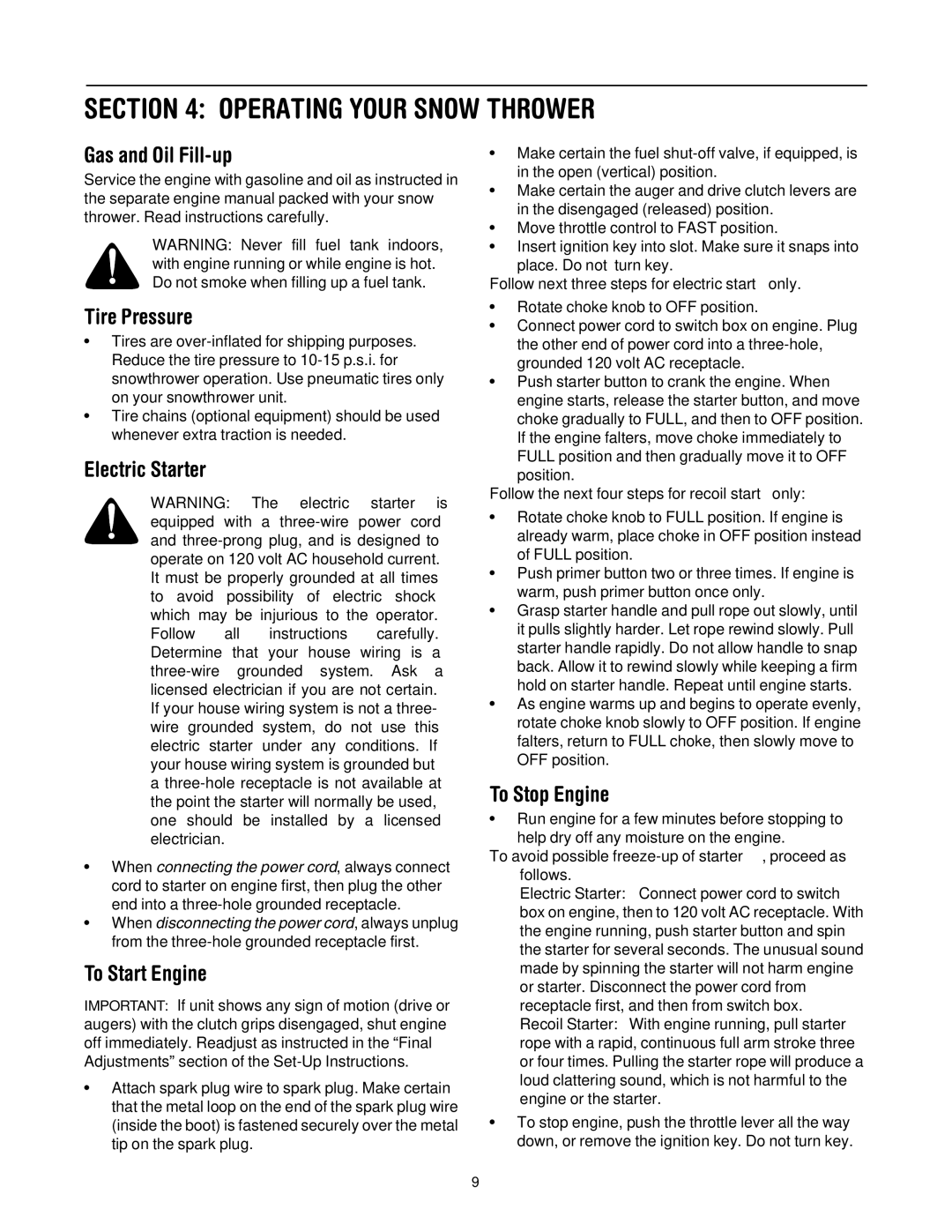 MTD 31AH553G401 manual Operating Your Snow Thrower, Gas and Oil Fill-up, Tire Pressure, Electric Starter, To Start Engine 