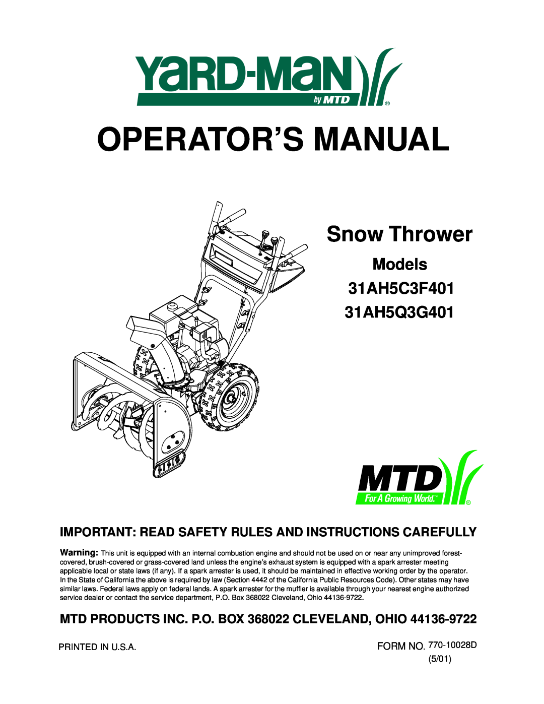 MTD manual Operator’S Manual, Snow Thrower, Models 31AH5C3F401 31AH5Q3G401 
