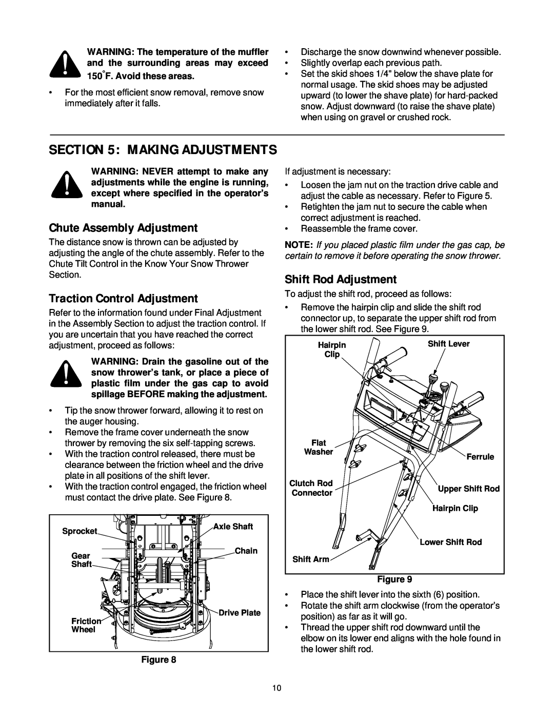 MTD 31AH5Q3G401 manual Chute Assembly Adjustment, Traction Control Adjustment, Shift Rod Adjustment, Making Adjustments 