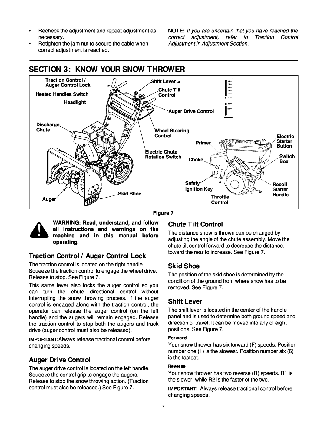 MTD 31AH5C3F401 Know Your Snow Thrower, Chute Tilt Control, Auger Drive Control, Skid Shoe, Shift Lever, Forward, Reverse 