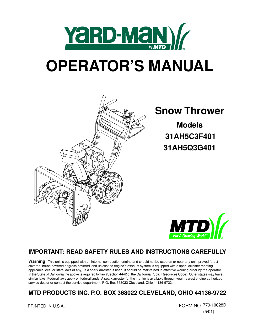 MTD 31AH5C3F401, 31AH5Q3G401 manual OPERATOR’S Manual 