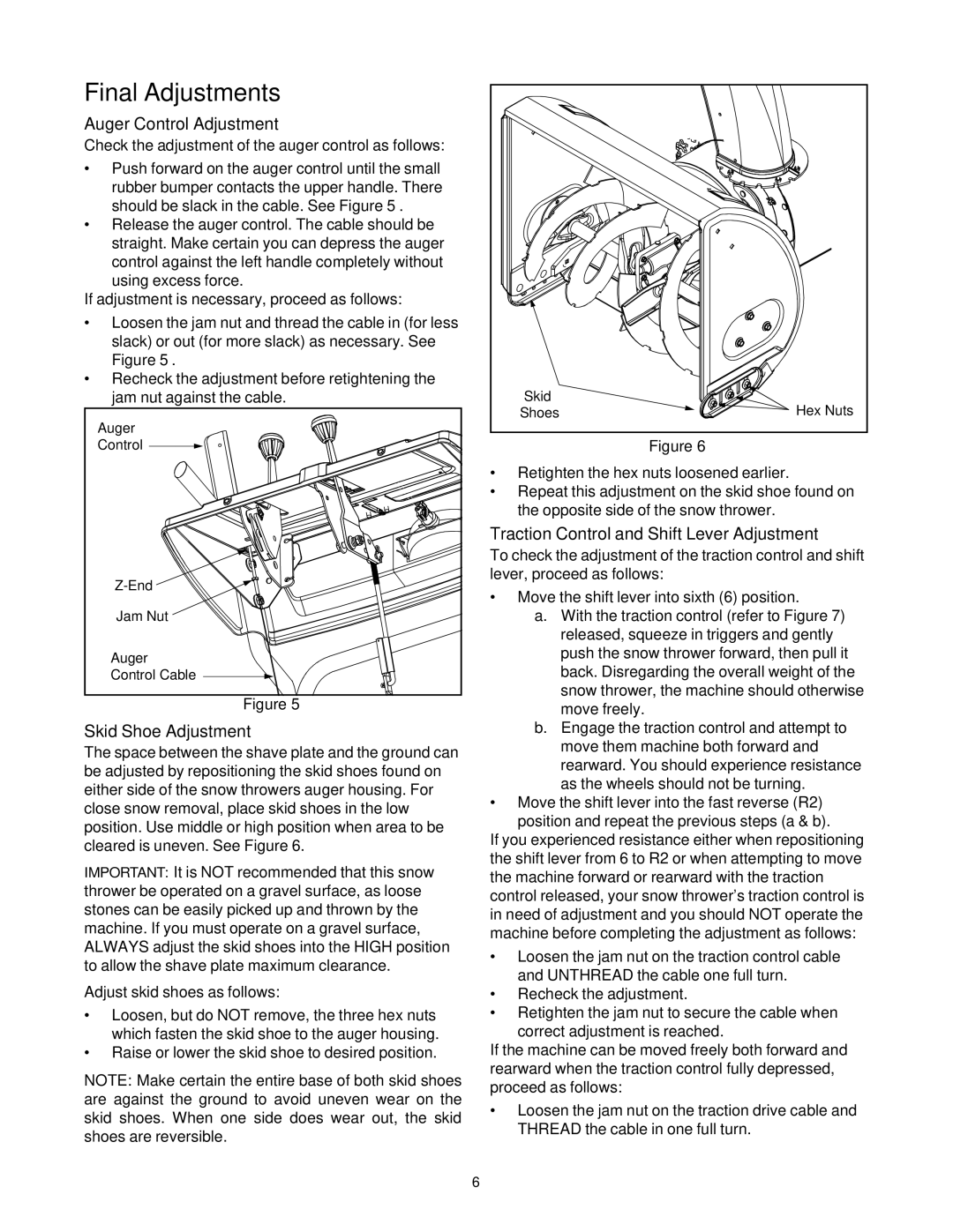 MTD 31AH5Q3G401, 31AH5C3F401 manual Final Adjustments, Auger Control Adjustment, Skid Shoe Adjustment 