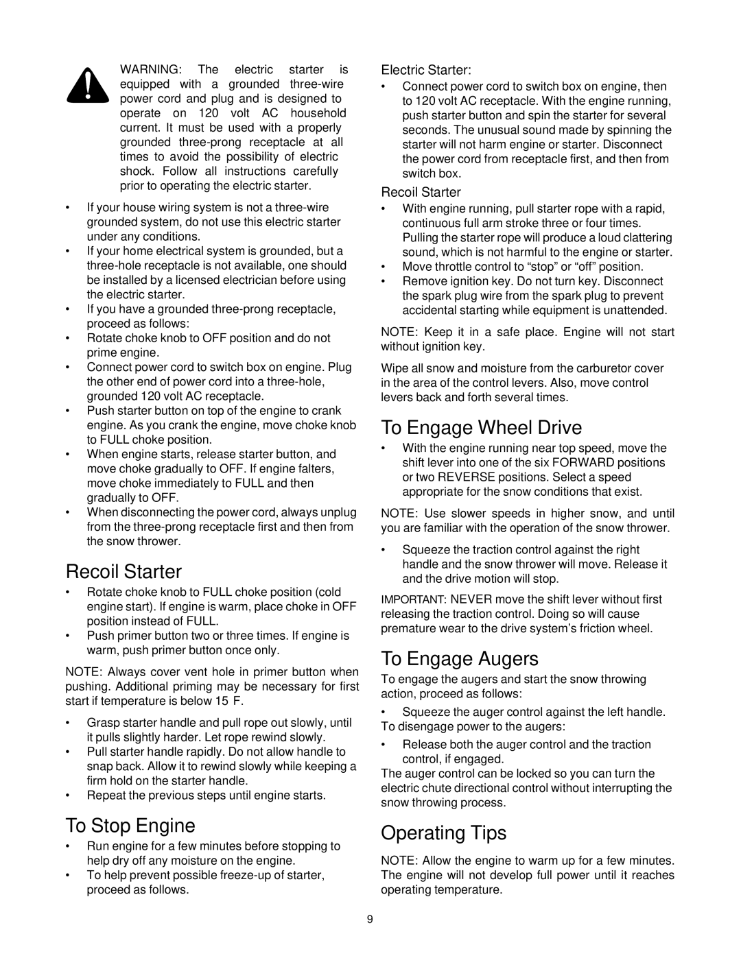 MTD 31AH5C3F401, 31AH5Q3G401 manual Recoil Starter, To Stop Engine, To Engage Wheel Drive, To Engage Augers, Operating Tips 