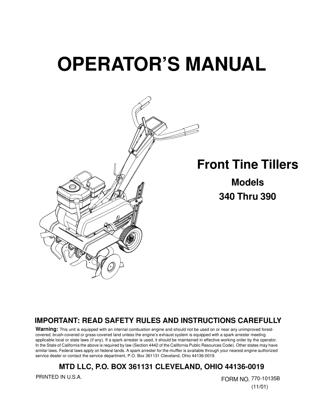 MTD 340 Thru 390 manual OPERATOR’S Manual 