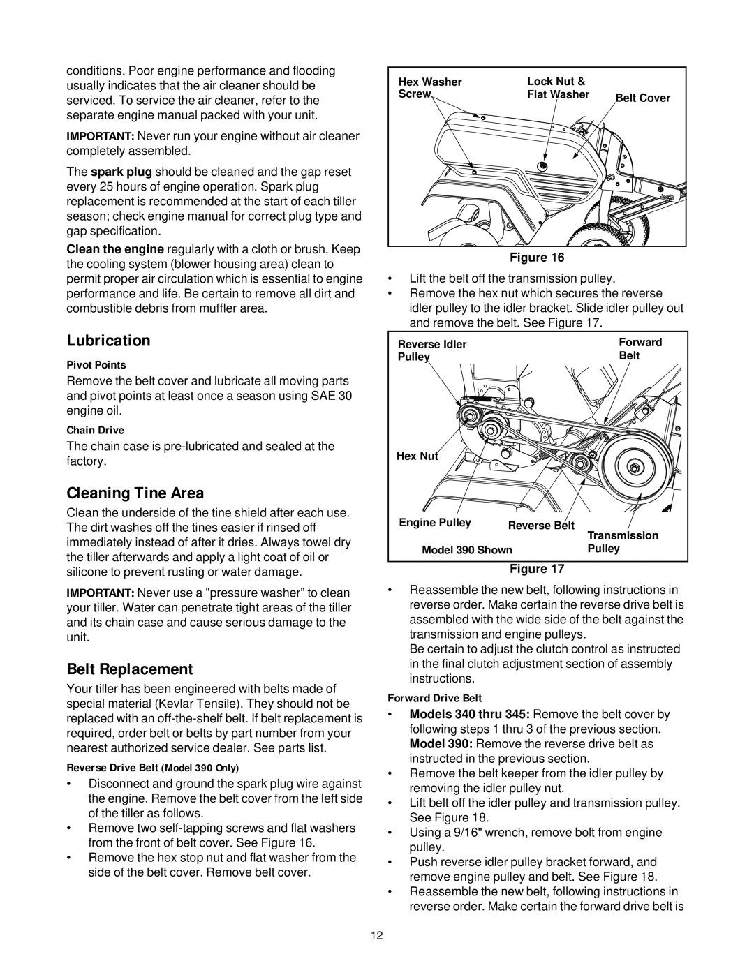 MTD 340 Thru 390 manual Lubrication, Cleaning Tine Area, Belt Replacement 