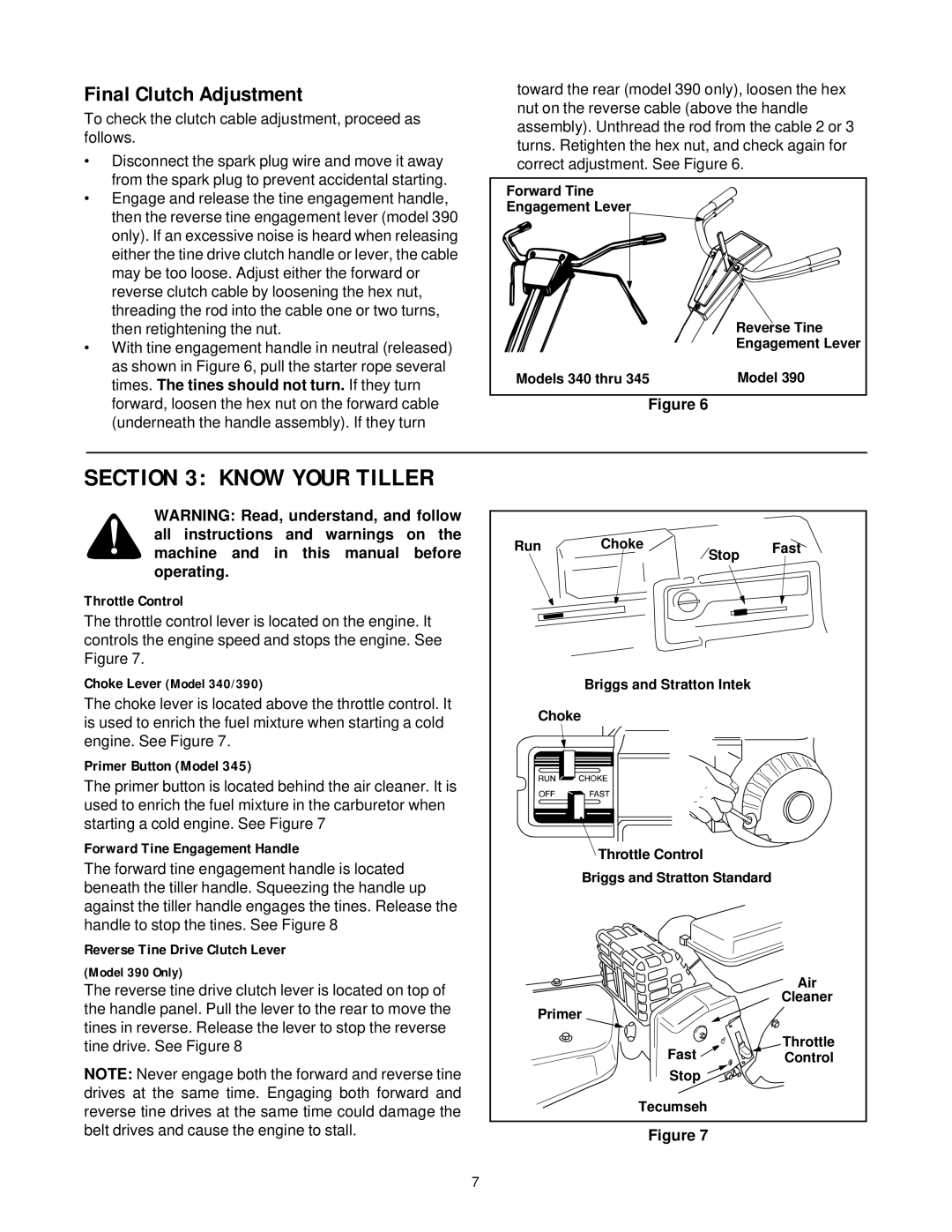 MTD 340 Thru 390 manual Final Clutch Adjustment, Throttle Control, Primer Button Model, Forward Tine Engagement Handle 