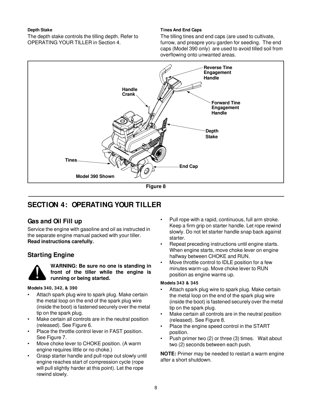 MTD 340 Thru 390 manual Operating Your Tiller, Gas and Oil Fill up, Starting Engine 