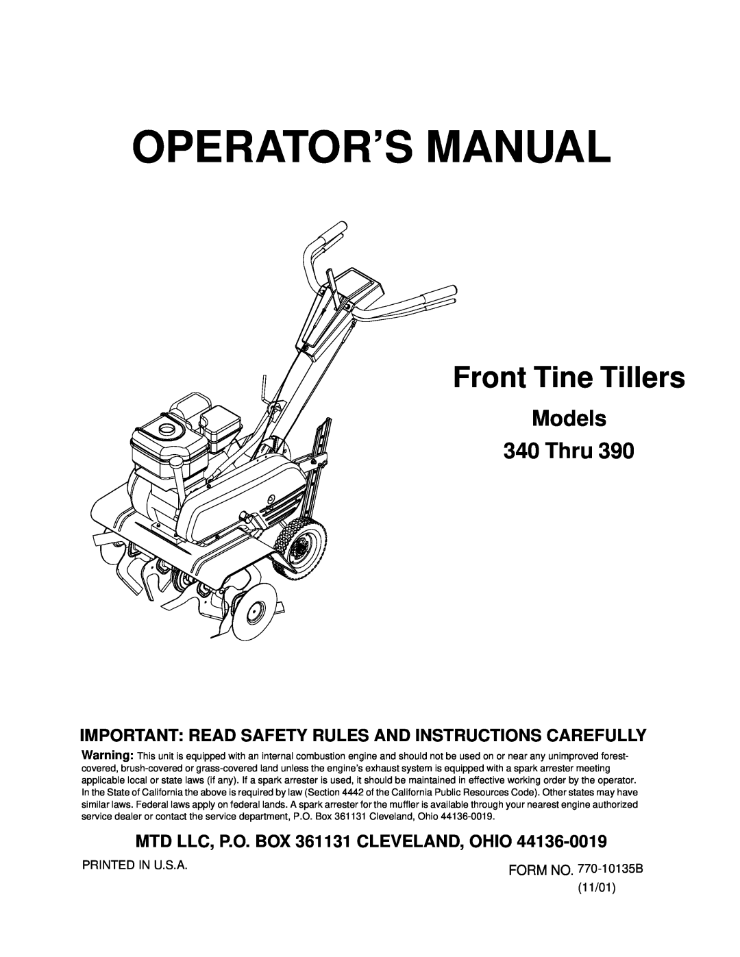 MTD 340 Thru 390 manual Models 340 Thru, Operator’S Manual, Front Tine Tillers, MTD LLC, P.O. BOX 361131 CLEVELAND, OHIO 