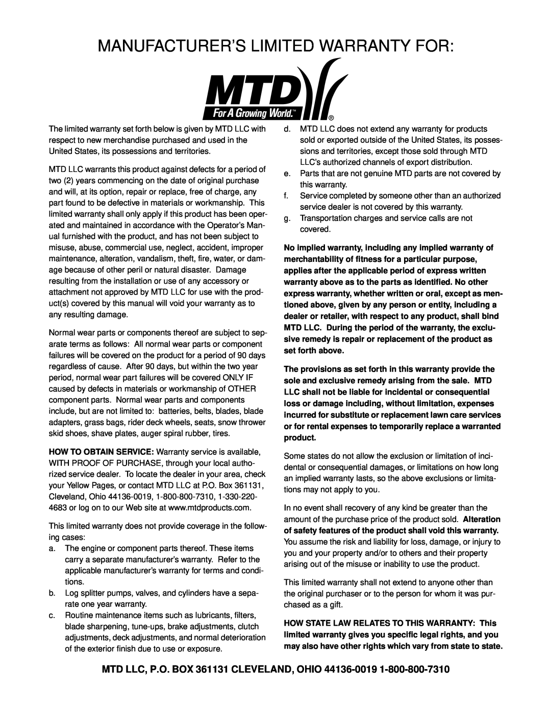 MTD 340 Thru 390 manual Manufacturer’S Limited Warranty For 