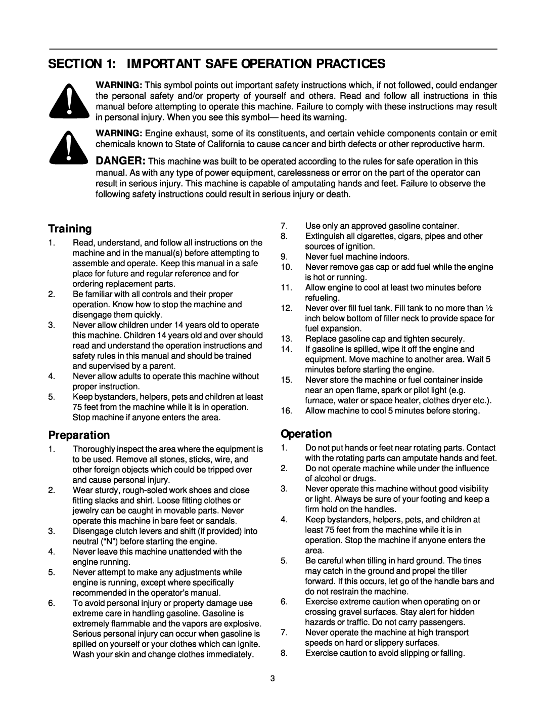 MTD 340 Thru 390 manual Important Safe Operation Practices, Training, Preparation 