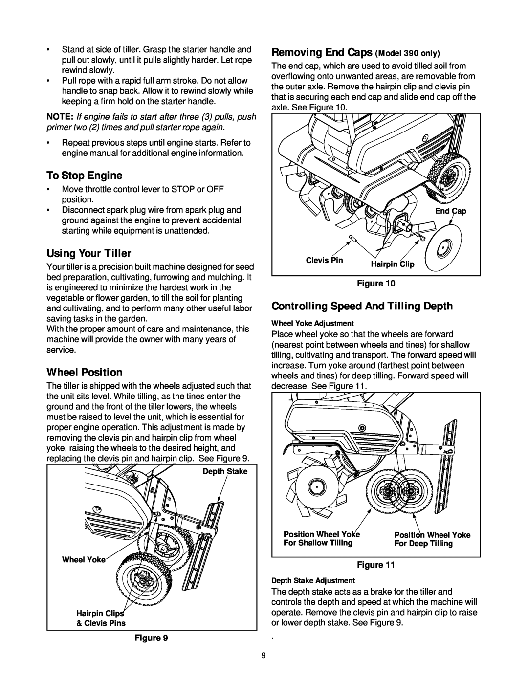 MTD 340 Thru 390 manual To Stop Engine, Using Your Tiller, Wheel Position, Removing End Caps Model 390 only 