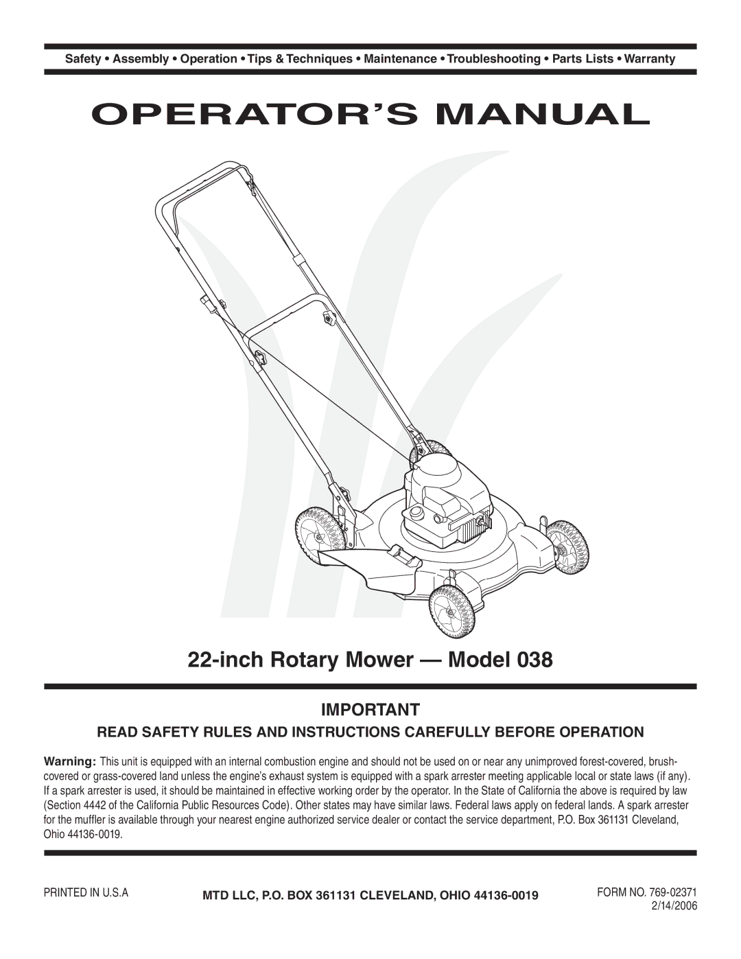 MTD 38 warranty OPERATOR’S Manual, Inch Rotary Mower Model 