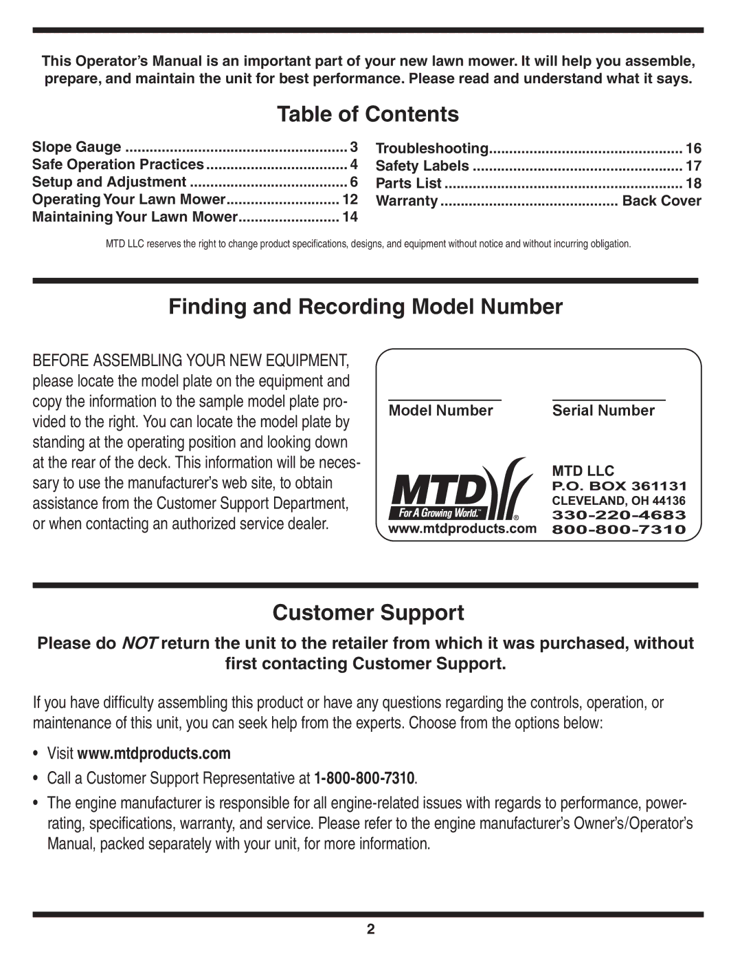 MTD 38 warranty Table of Contents, Finding and Recording Model Number, Customer Support 