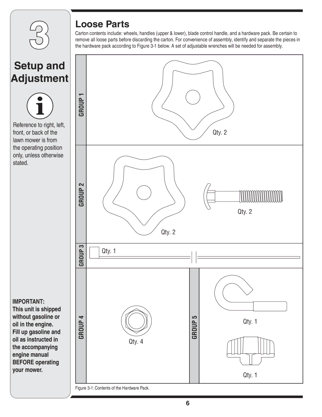 MTD 38 warranty Setup Adjustment, Loose Parts 