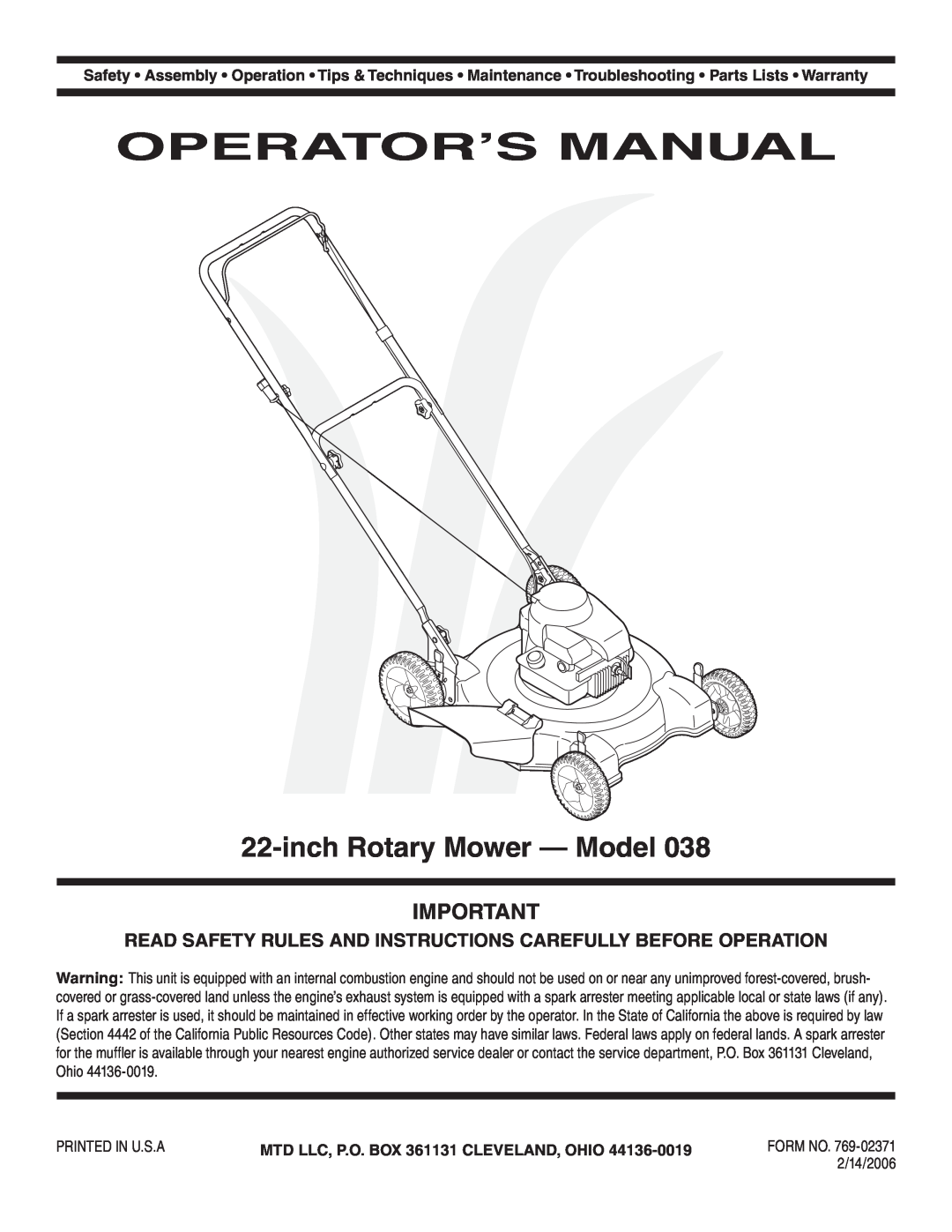 MTD 38 warranty Operator’S Manual, inch Rotary Mower - Model, MTD LLC, P.O. BOX 361131 CLEVELAND, OHIO 