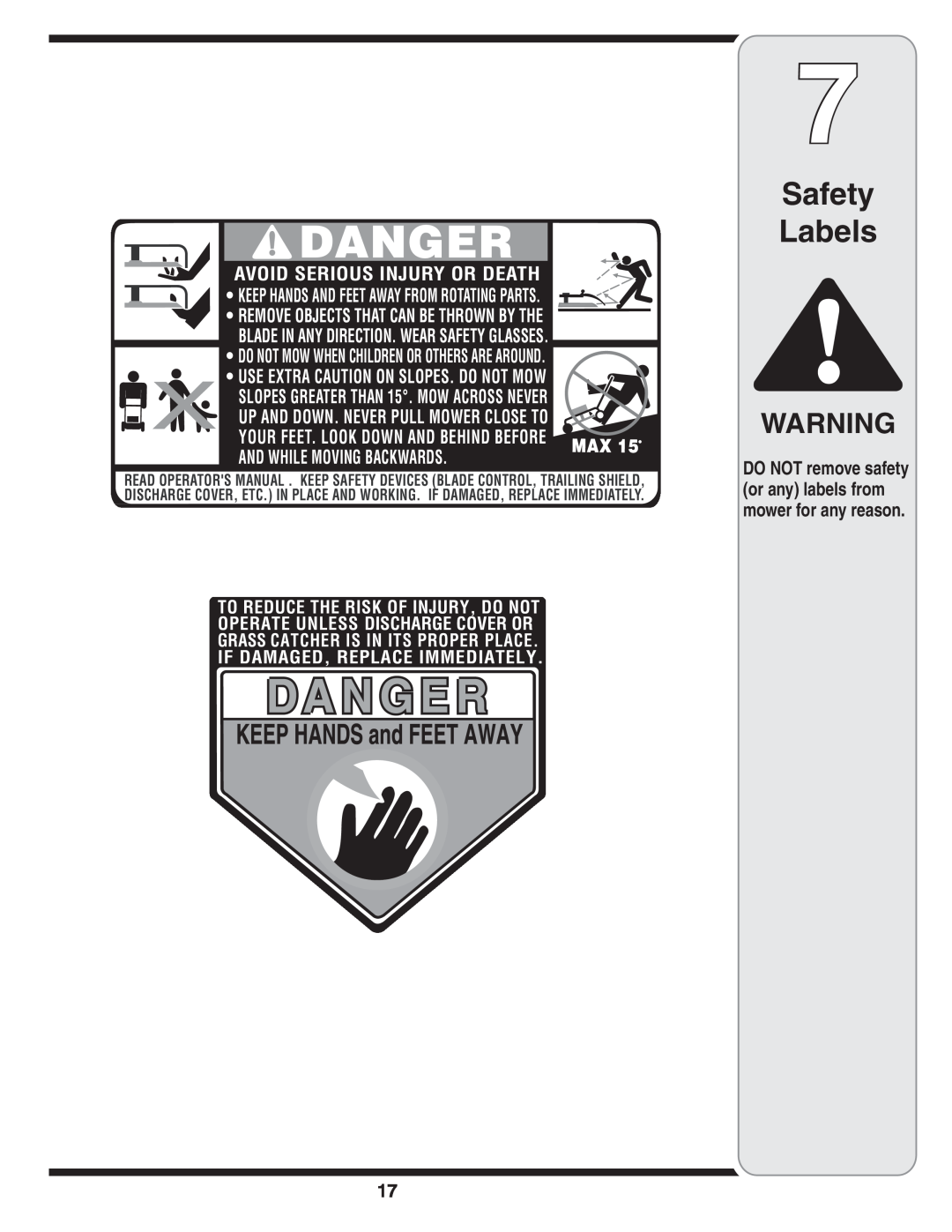 MTD 38 warranty Safety Labels, DO NOT remove safety or any labels from mower for any reason 