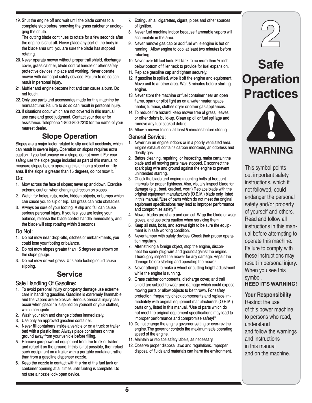 MTD 38 Safe Operation Practices, Slope Operation, Do Not, Safe Handling Of Gasoline, General Service, Restrict the use 
