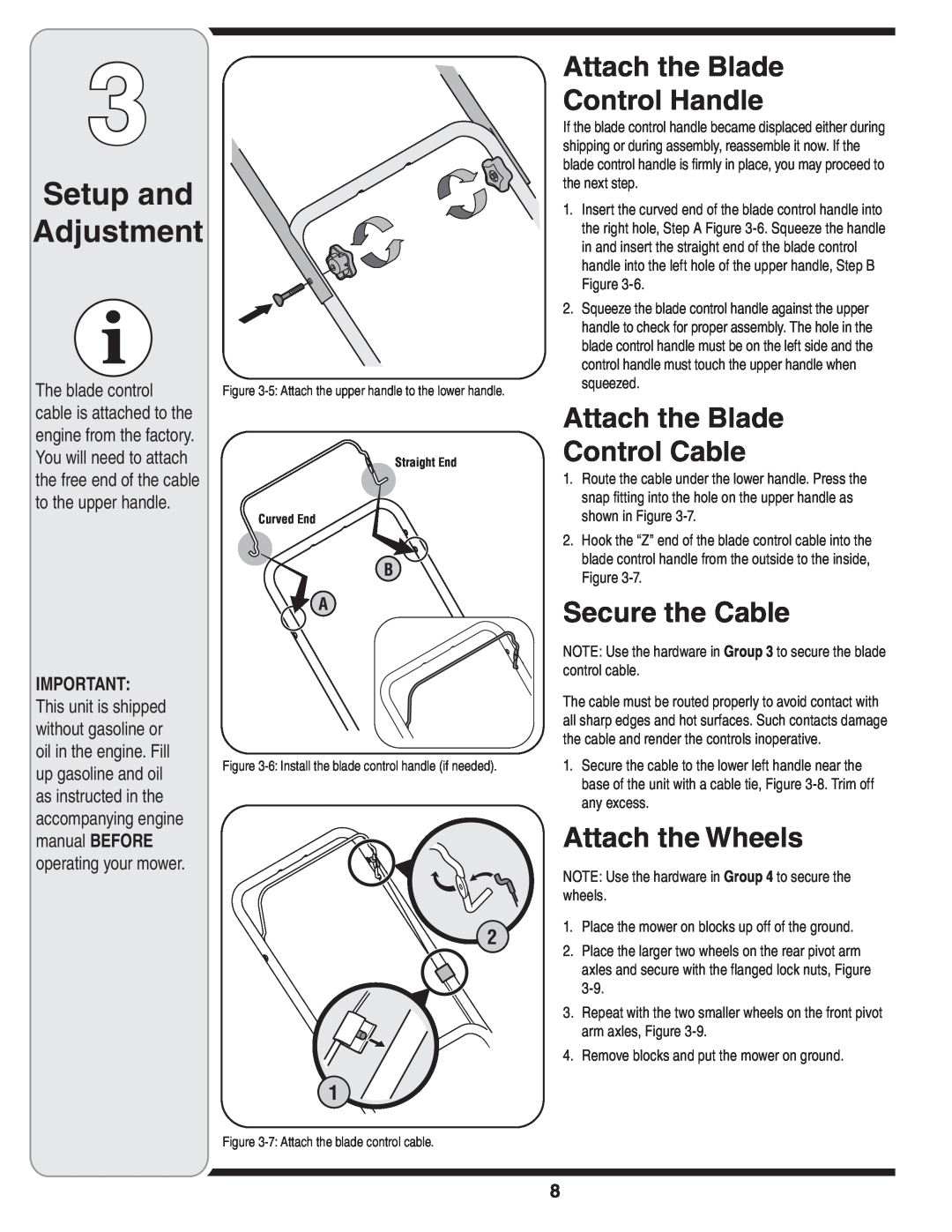 MTD 38 warranty Attach the Blade Control Handle, Attach the Blade Control Cable, Secure the Cable, Attach the Wheels 