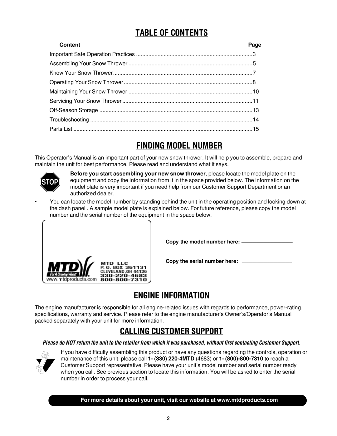 MTD 380 manual Table of Contents 