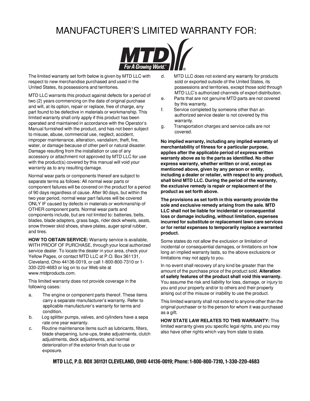 MTD 380 manual MANUFACTURER’S Limited Warranty for 