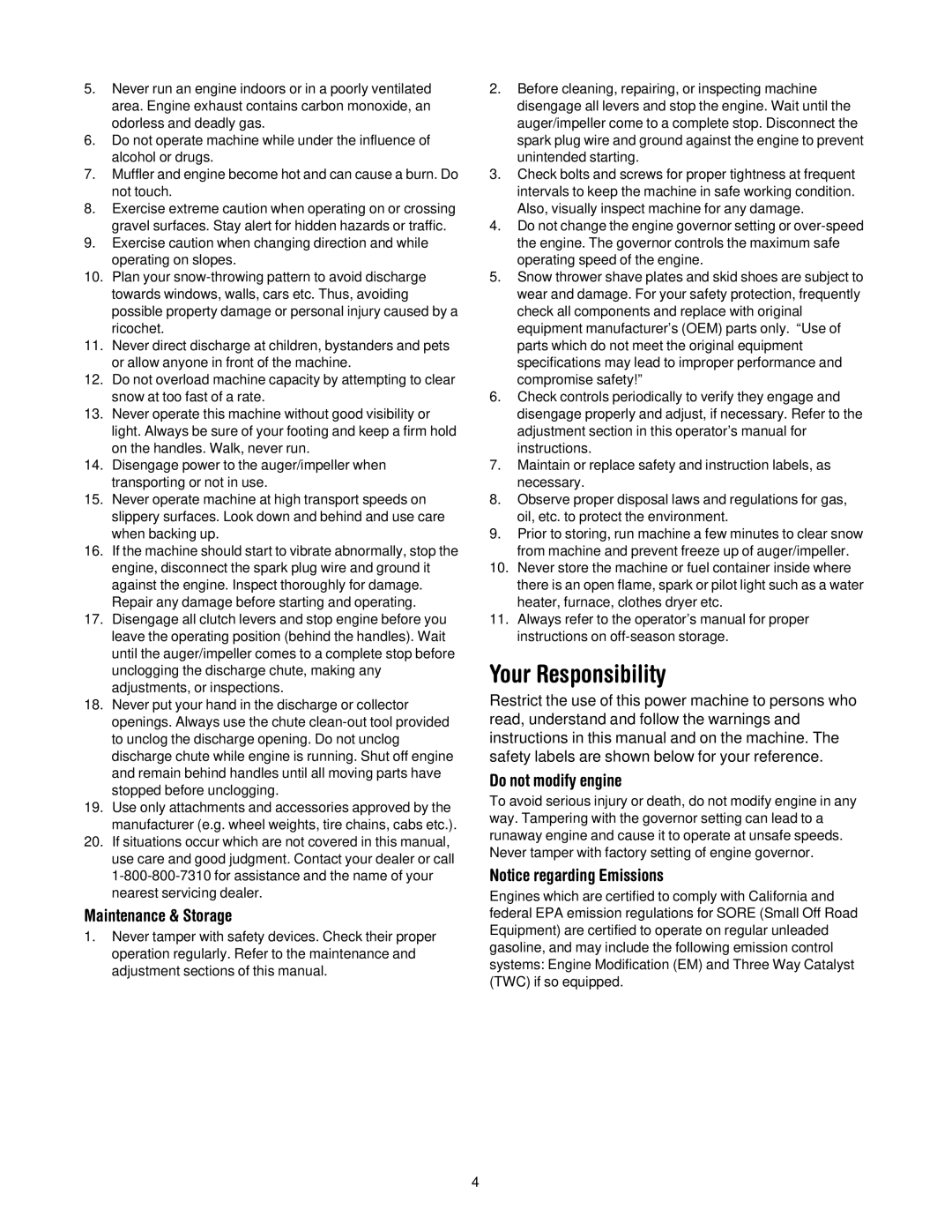 MTD 380 manual Your Responsibility, Maintenance & Storage, Do not modify engine 