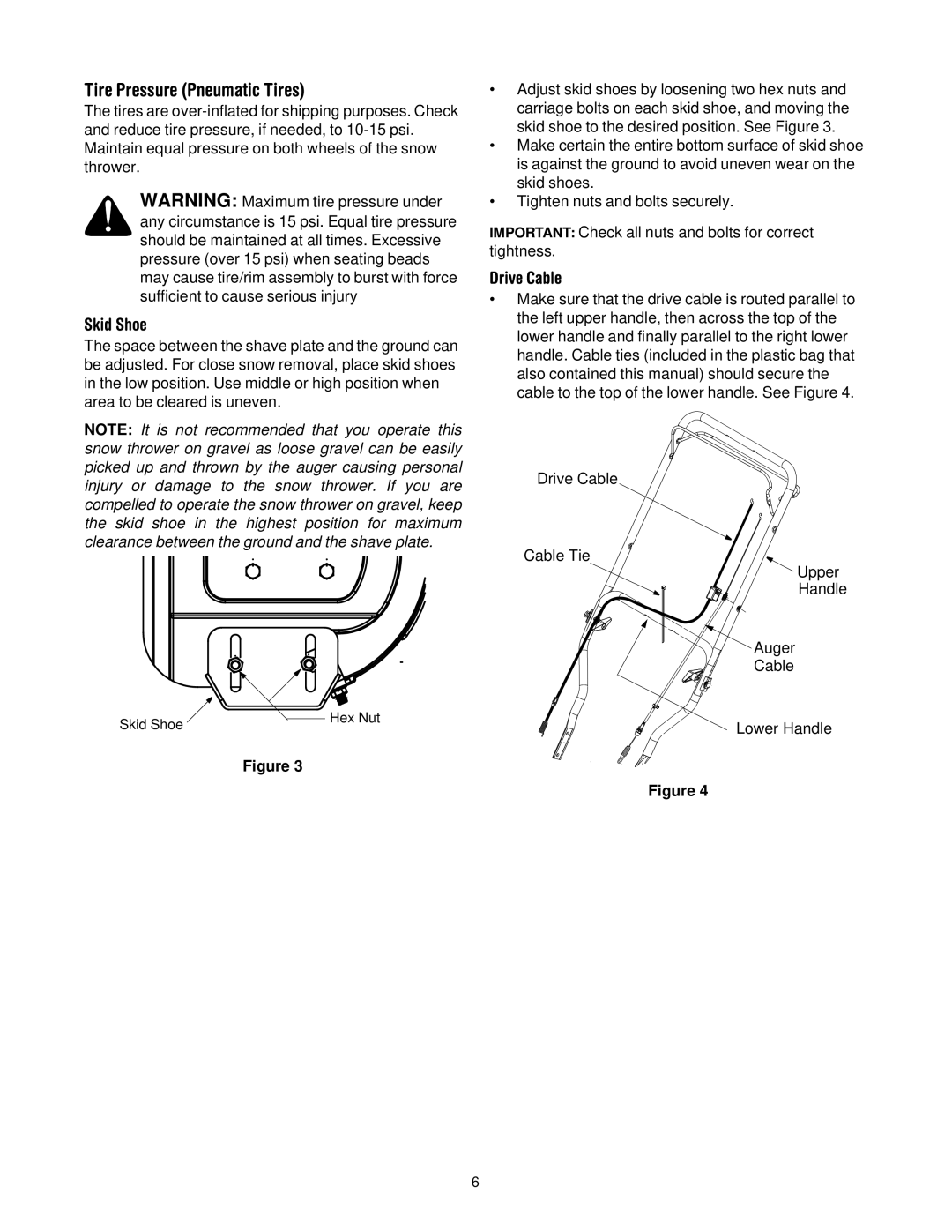 MTD 380 manual Tire Pressure Pneumatic Tires, Skid Shoe, Drive Cable 