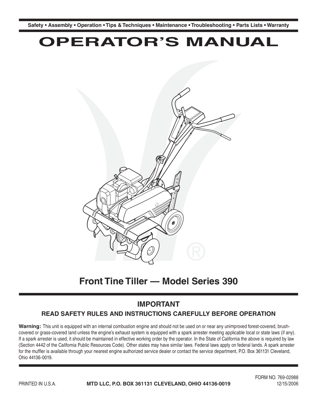 MTD 390 Series warranty OPERATOR’S Manual, Front Tine Tiller Model Series 