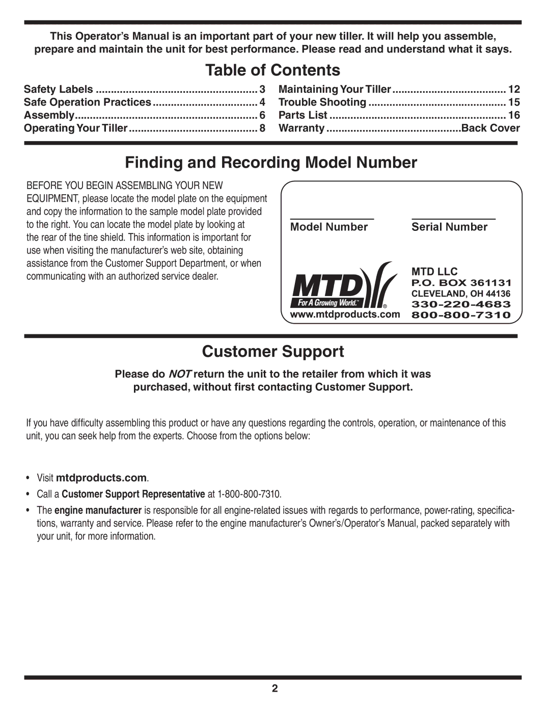 MTD 390 Series warranty Table of Contents, Finding and Recording Model Number, Customer Support 