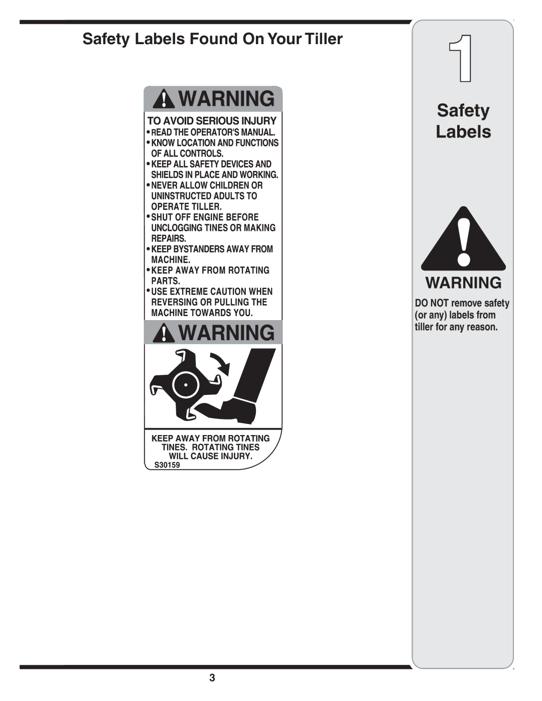 MTD 390 Series warranty Safety Labels Found On Your Tiller 