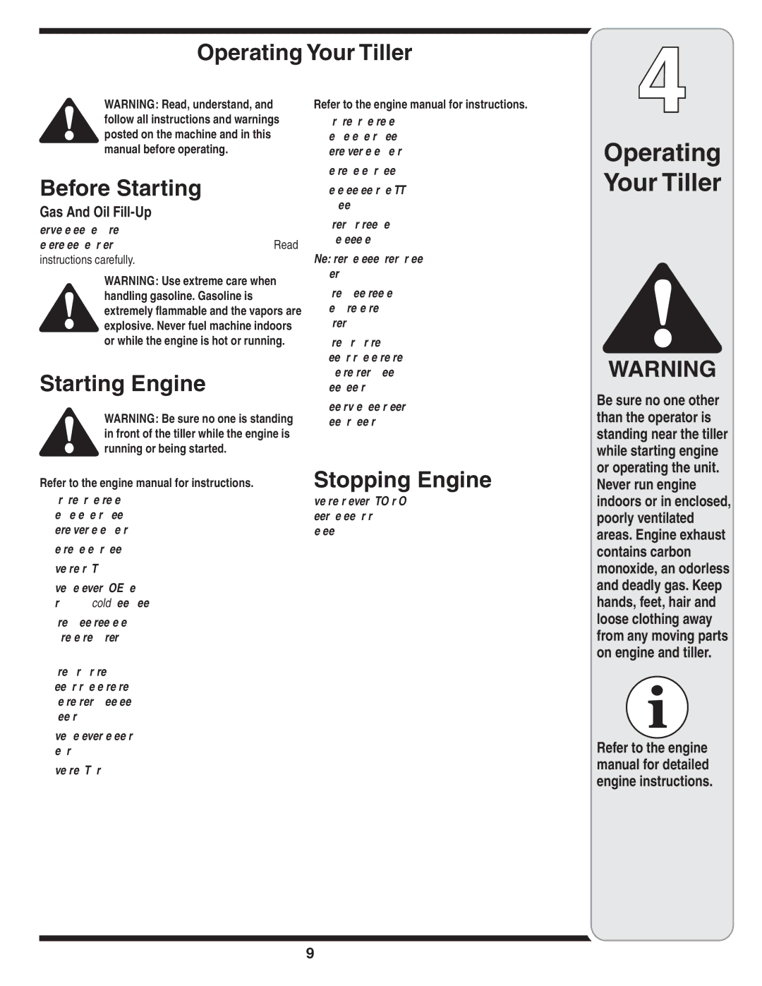 MTD 390 Series warranty Operating Your Tiller Before Starting, Starting Engine, Stopping Engine, Gas And Oil Fill-Up 