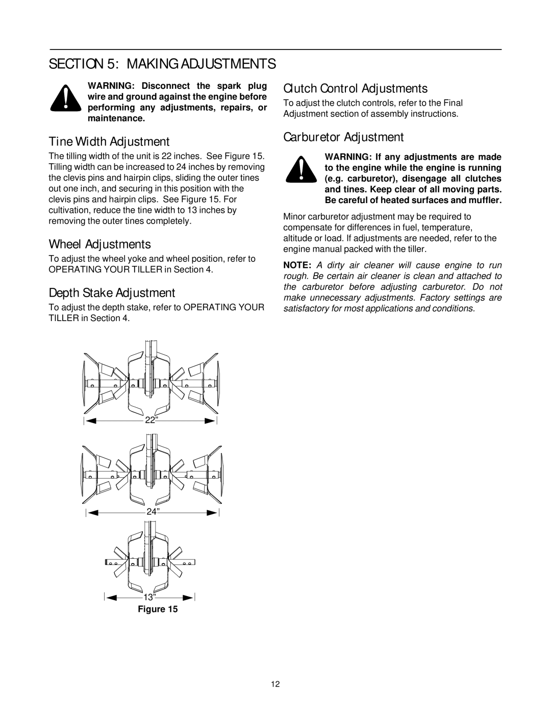 MTD 390 Shown manual Clutch Control Adjustments, Tine Width Adjustment, Wheel Adjustments, Depth Stake Adjustment 