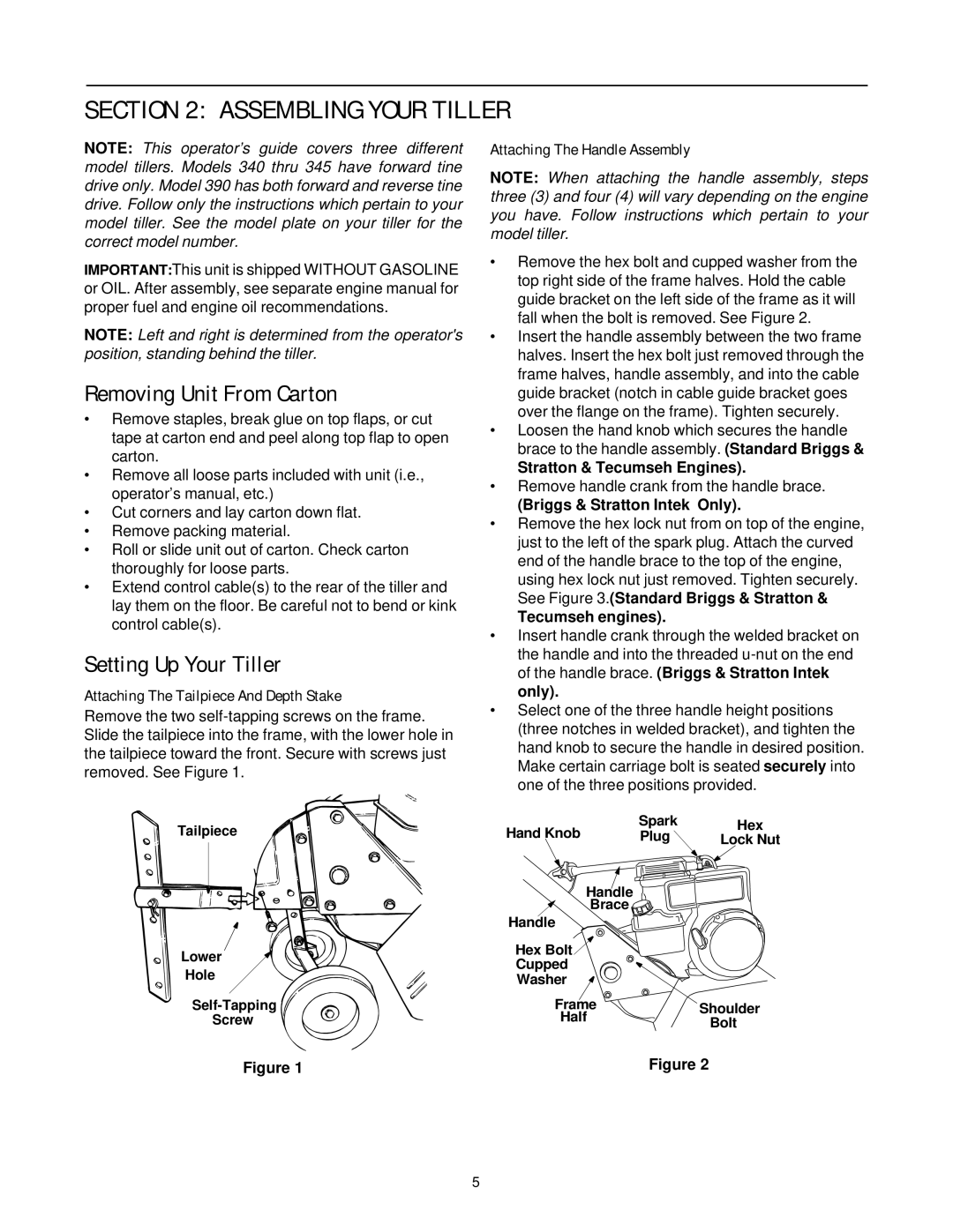 MTD 390 Shown Assembling Your Tiller, Removing Unit From Carton, Setting Up Your Tiller, Attaching The Handle Assembly 