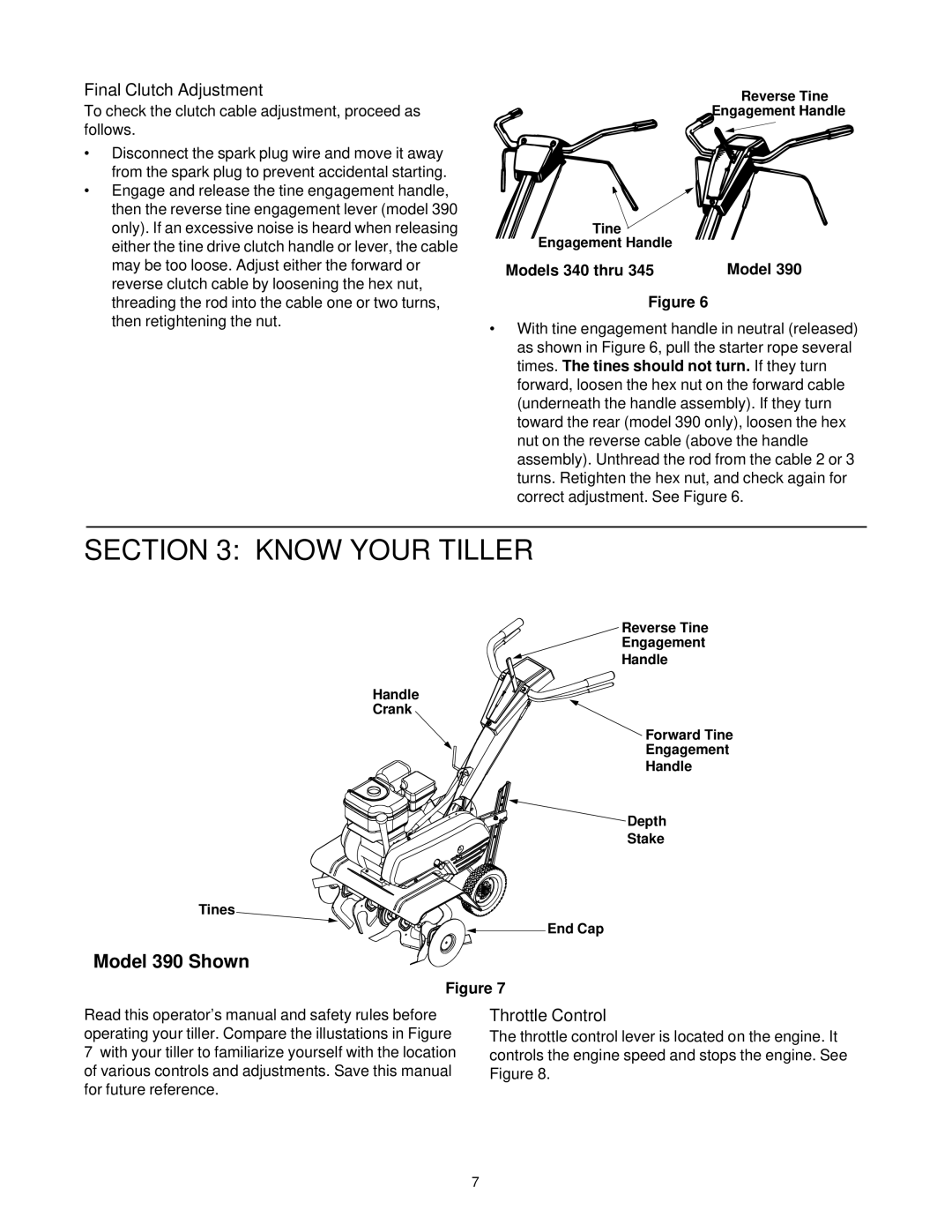 MTD 390 Shown manual Know Your Tiller, Final Clutch Adjustment, Throttle Control, Models 340 thru 