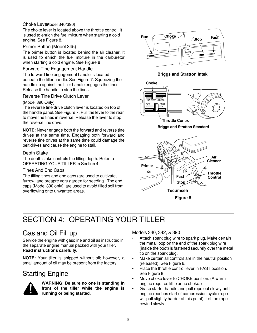 MTD 390 Shown manual Operating Your Tiller, Gas and Oil Fill up, Starting Engine 