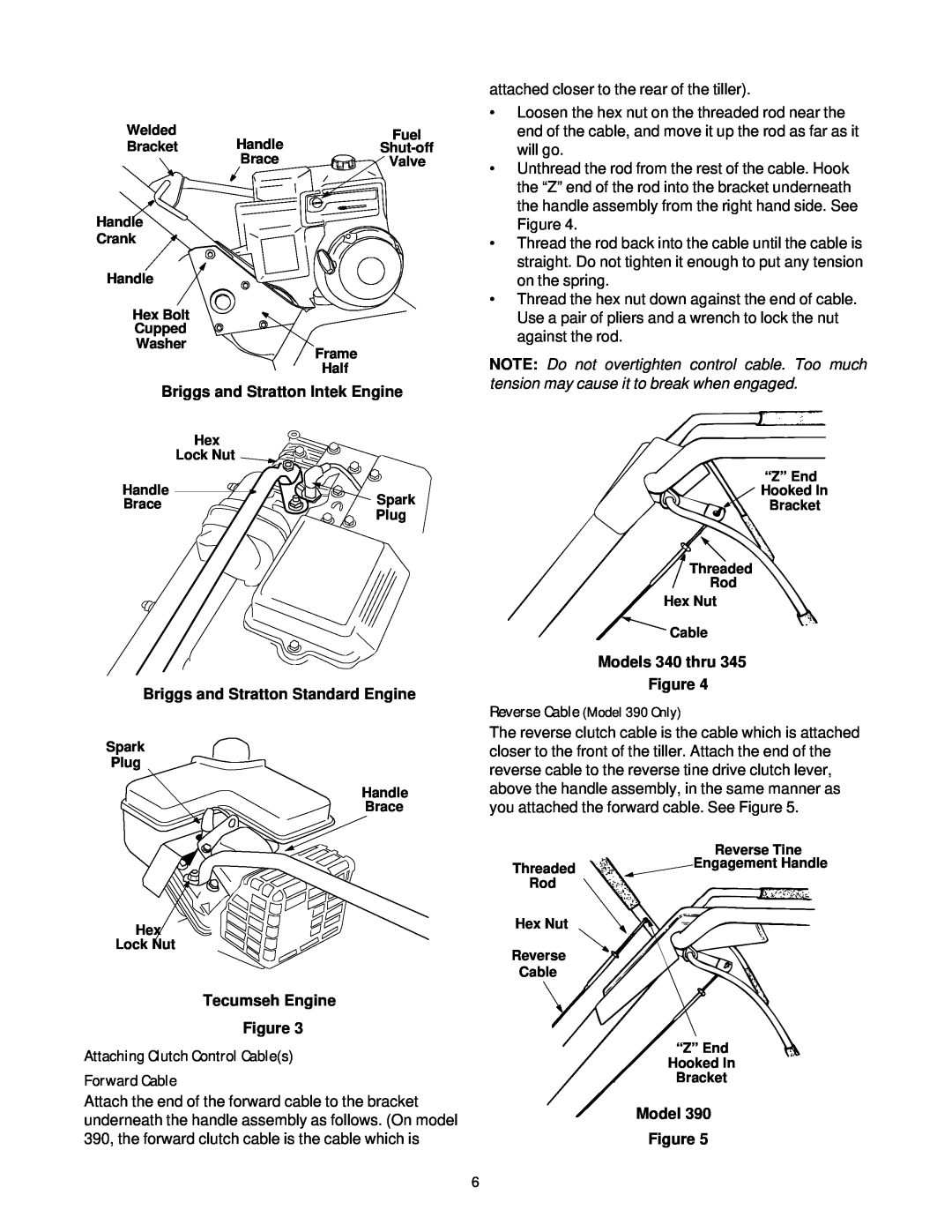 MTD 390 Shown Attaching Clutch Control Cables Forward Cable, Briggs and Stratton Intek Engine, Tecumseh Engine Figure 