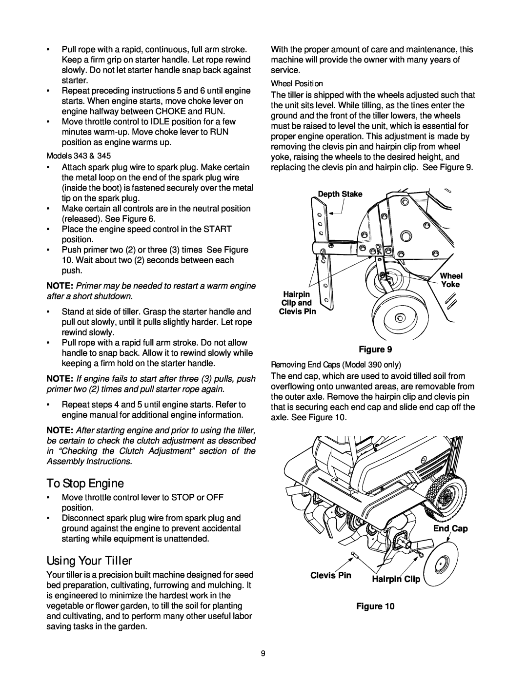 MTD 390 Shown To Stop Engine, Using Your Tiller, Models, Wheel Position, Removing End Caps Model 390 only, Clevis Pin 
