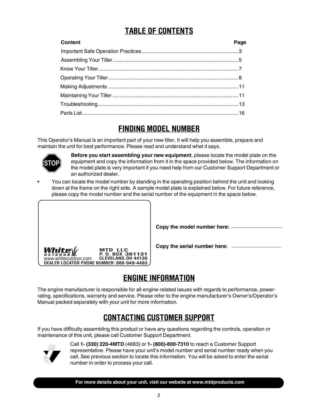 MTD 393 manual Table of Contents 