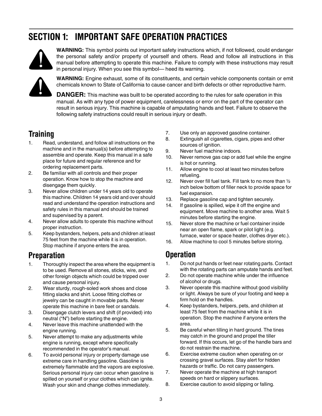 MTD 393 manual Important Safe Operation Practices, Training, Preparation 