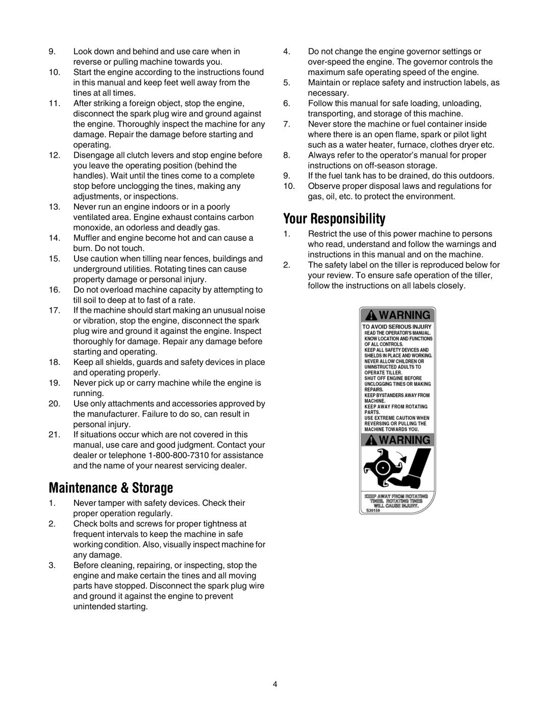 MTD 393 manual Maintenance & Storage, Your Responsibility 